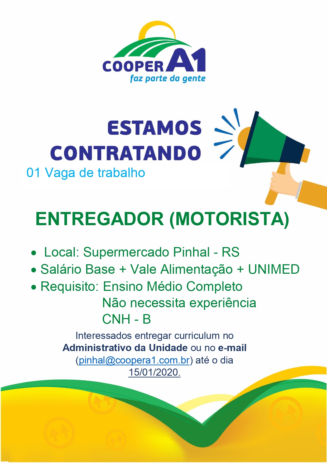 VAGA DE EMPREGO PARA UNIDADE DE PINHAL, RS