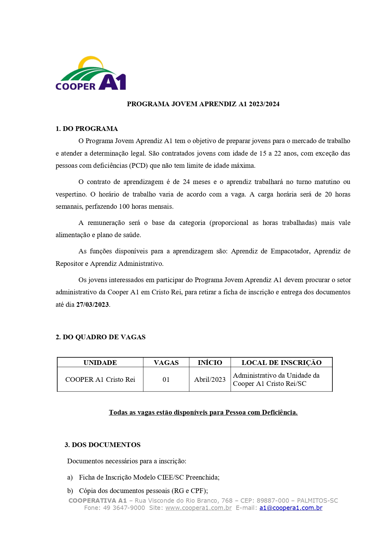 EDITAL: Jovem Aprendiz Cristo Rei/SC