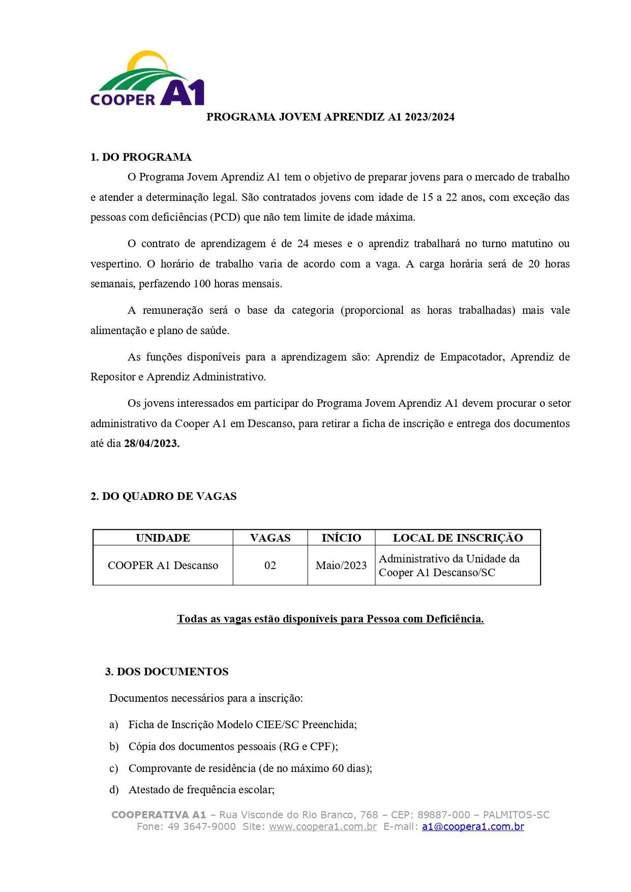 EDITAL JOVEM APRENDIZ DESCANSO/SC