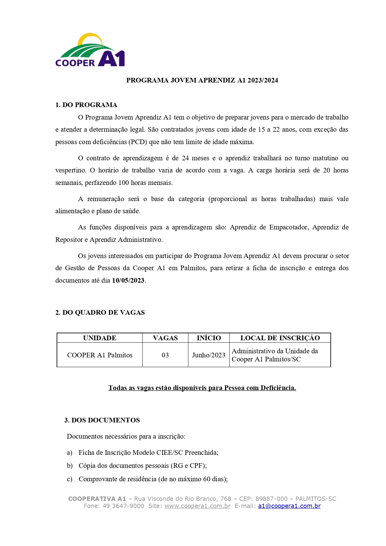 EDITAL JOVEM APRENDIZ PALMITOS/SC